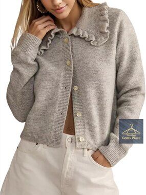 Ruffled Collar Crop Cardigan, Long Sleeve Button Down Sweater, Lightweight Knit